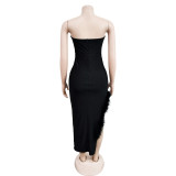Solid Color Wrapped Breast Sleeveless Feather Maxi Dress