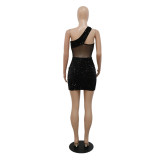 Sexy Oblique Collar Sequin Stitching Polyester Mesh Nightclub Party Bag Hip Dress