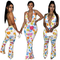 New Sexy Deep V Flower Print Halter Neck Jumpsuit