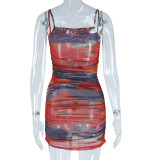 Sling Net Yarn See-through Sleeveless Printed Backless Hip Dress
