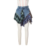 Sexy Irregular Plaid Stitching Denim Skirt