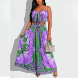 Summer Sexy Wrapped Chest Printed Skirt Set