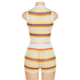 Sexy Knit Contrast Color Sleeveless High Waist Hip Shorts Set