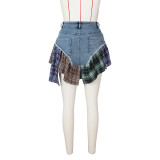Sexy Irregular Plaid Stitching Denim Skirt