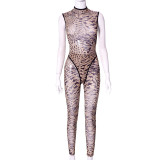 Mesh Print Sleeveless Backless Casual Suit