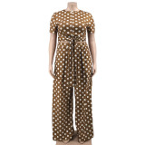 Round Point Print Lace-up Wide Leg Fashion Casual Two-piece Suit
