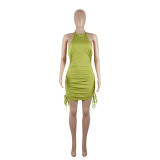New Arrival Ribbed Sleeveless Hanging Neck Shirred Sexy Dress