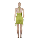 New Arrival Ribbed Sleeveless Hanging Neck Shirred Sexy Dress