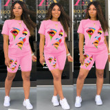 Fashion Casual Sports Round Neck Face Print Two-piece Set