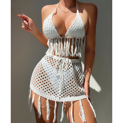 Knitted Lace-up Tassel Sexy Bikini Beach Cover-up Set
