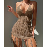 Knitted Lace-up Tassel Sexy Bikini Beach Cover-up Set