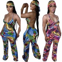 Sleeveless Suspenders Painted Print Backless Long Jumpsuit (Including Headscarf)