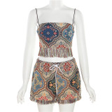 Sexy Embroidered Tassel Ethnic Style Vest High Waist Hip Lift Short Suit