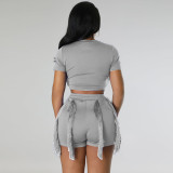 Casual Short Sleeve Vest Drawstring Tassel Shorts Two-Piece Set