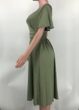 Fashion Solid Color V-neck Short-sleeved Waist Pleated Dress