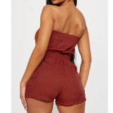 Sexy And Comfortable Solid Color Wrap Chest Accordion Pocket Jumpsuit
