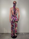 Sleeveless Suspenders Painted Print Backless Long Jumpsuit (Including Headscarf)