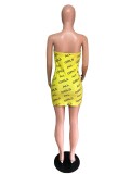 Wrapped Chest Off Shoulder Yellow Letter Dress