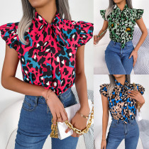 Casual Leopard Print Wood Ear Tie Chiffon Shirt Top