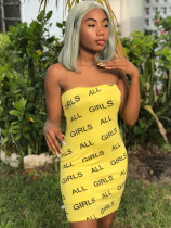 Wrapped Chest Off Shoulder Yellow Letter Dress