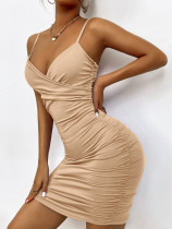 Summer Sexy V-neck Backless Pleated Hip Dress