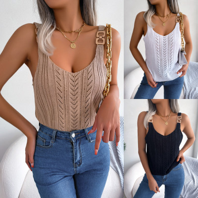 Casual Metal Buckle V-neck Hollow Top Holiday Knitwear