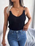 Casual Metal Buckle V-neck Hollow Top Holiday Knitwear