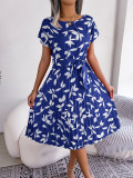 Casual Leaf Short-sleeved Pleated Dress With Big Swing