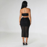 Sexy Net Yarn See-through Wrap Bust Skirt Two-piece Set