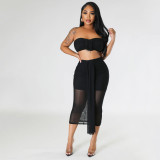 Sexy Net Yarn See-through Wrap Bust Skirt Two-piece Set
