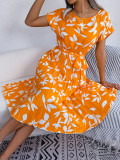 Casual Leaf Short-sleeved Pleated Dress With Big Swing