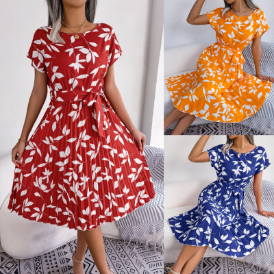 Casual Leaf Short-sleeved Pleated Dress With Big Swing