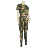 Fashion Sexy Camouflage Print Short-sleeved Trouser Suit