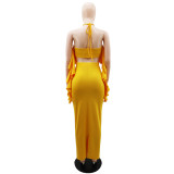 Wrapped Chest Hanging Neck Wood Ear Top High Waist Slit Long Skirt Two-piece Set