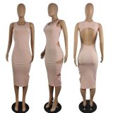 New Fashion Solid Color Tank Top Sexy Pleated Hollow Dress