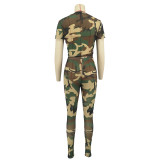 Fashion Sexy Camouflage Print Short-sleeved Trouser Suit
