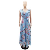 Elegant Chiffon Sleeveless Summer Print Slit Dress