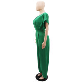 Summer V-neck Solid Color Temperament High Waist Straight Casual Jumpsuit