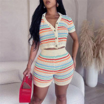 Fashion Knit Lapel Breasted Striped Colorblock High Waist Skinny Shorts Set