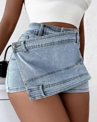 High Waist Irregular Denim Shorts