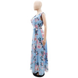 Elegant Chiffon Sleeveless Summer Print Slit Dress