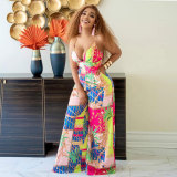 Sexy Printed Suspenders And Metal Chain Wide-leg Jumpsuit
