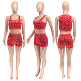 Summer Paisley Cashew Flower Sleeveless Casual Shorts Two-piece Set