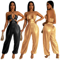 Fashion Sexy Wrapped Breast Hollow Backless Lace-up PU Jumpsuit