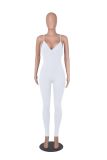 Solid Color Ribbed Suspenders Deep V Casual Yoga Jumpsuit