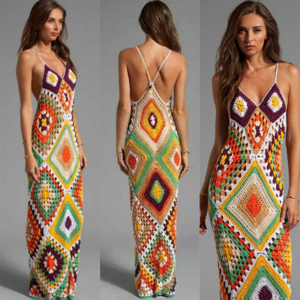 Sexy Backless Hand-crocheted Hollow V-neck Strap Dress