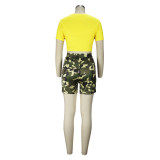 Two-piece Fashion Print Hollow-out Navel Camouflage Shorts