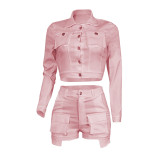 Solid Color Ladies Casual Button Two-piece Set