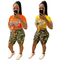 Two-piece Fashion Print Hollow-out Navel Camouflage Shorts