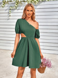 Casual Slanted Collar Hollow Solid Color Waist Dress
